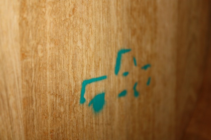 The trademark green truck on a barrel of yet to be released '09 Road 31 Pinot Noir