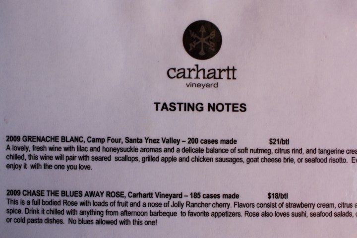 Tasting notes from the Carhartt Vineyard menu