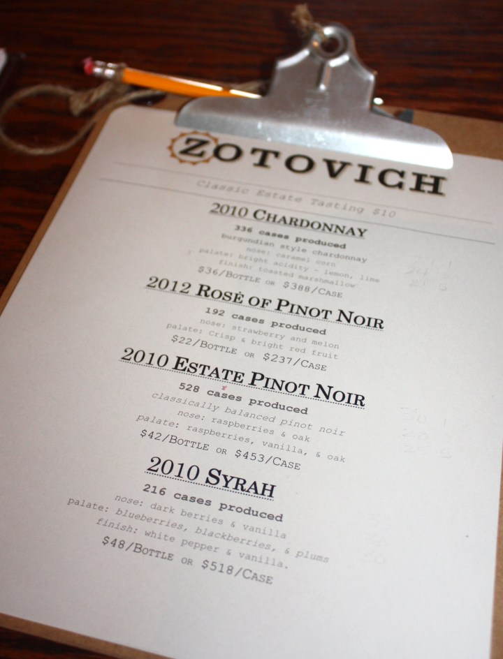 Tasting menu at Zotovich Cellars